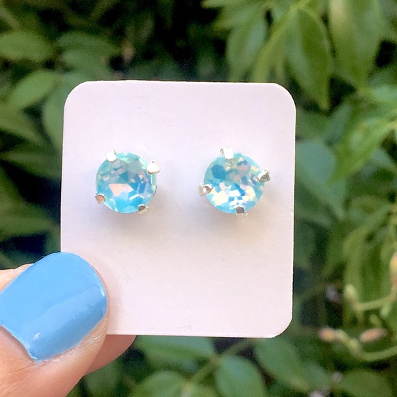 Aquamarine Blue Opal Aurora Borealis + Silver Crystal Earrings